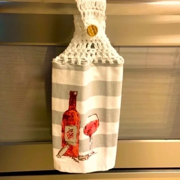 Hand Crafted Gray and White Striped Hanging Hand Towel with Red Wine Design - Picture 5 of 8